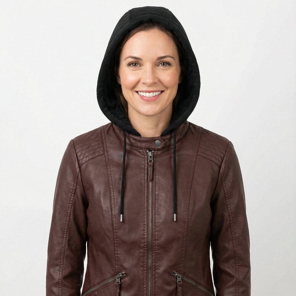 Sebby brown faux leather biker jacket w/black quilted hood/vest size s - Picture 3 of 12